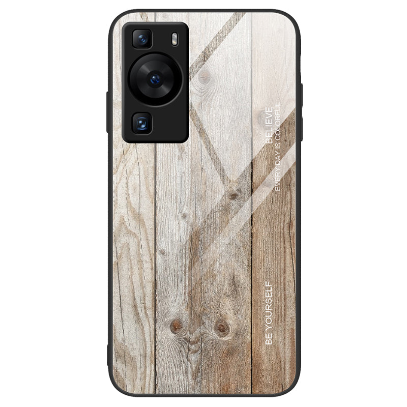 For Huawei P60 Wooden Pattern Phone Case Tempered Glass + TPU Shock Protective Cover
