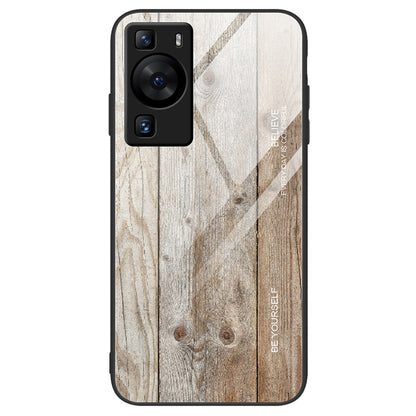 For Huawei P60 Wooden Pattern Phone Case Tempered Glass + TPU Shock Protective Cover