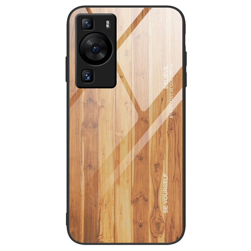 For Huawei P60 Wooden Pattern Phone Case Tempered Glass + TPU Shock Protective Cover