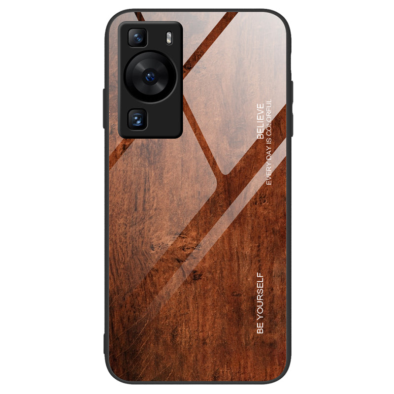 For Huawei P60 Wooden Pattern Phone Case Tempered Glass + TPU Shock Protective Cover