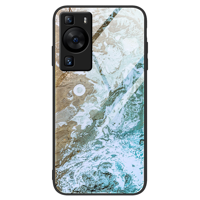 For Huawei P60 Tempered Glass Back Cover PC+TPU Marble Pattern Phone Case