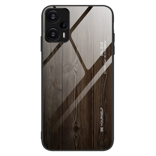 For Xiaomi Redmi Note 12 Turbo / Poco F5 5G Wooden Pattern Phone Case TPU Frame Tempered Glass Back Cover