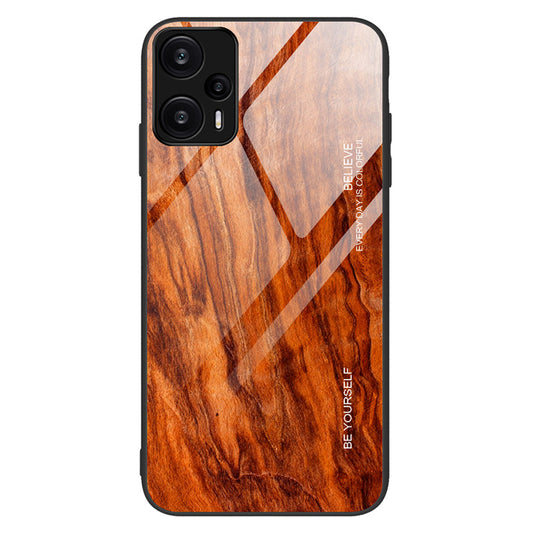 For Xiaomi Redmi Note 12 Turbo / Poco F5 5G Wooden Pattern Phone Case TPU Frame Tempered Glass Back Cover
