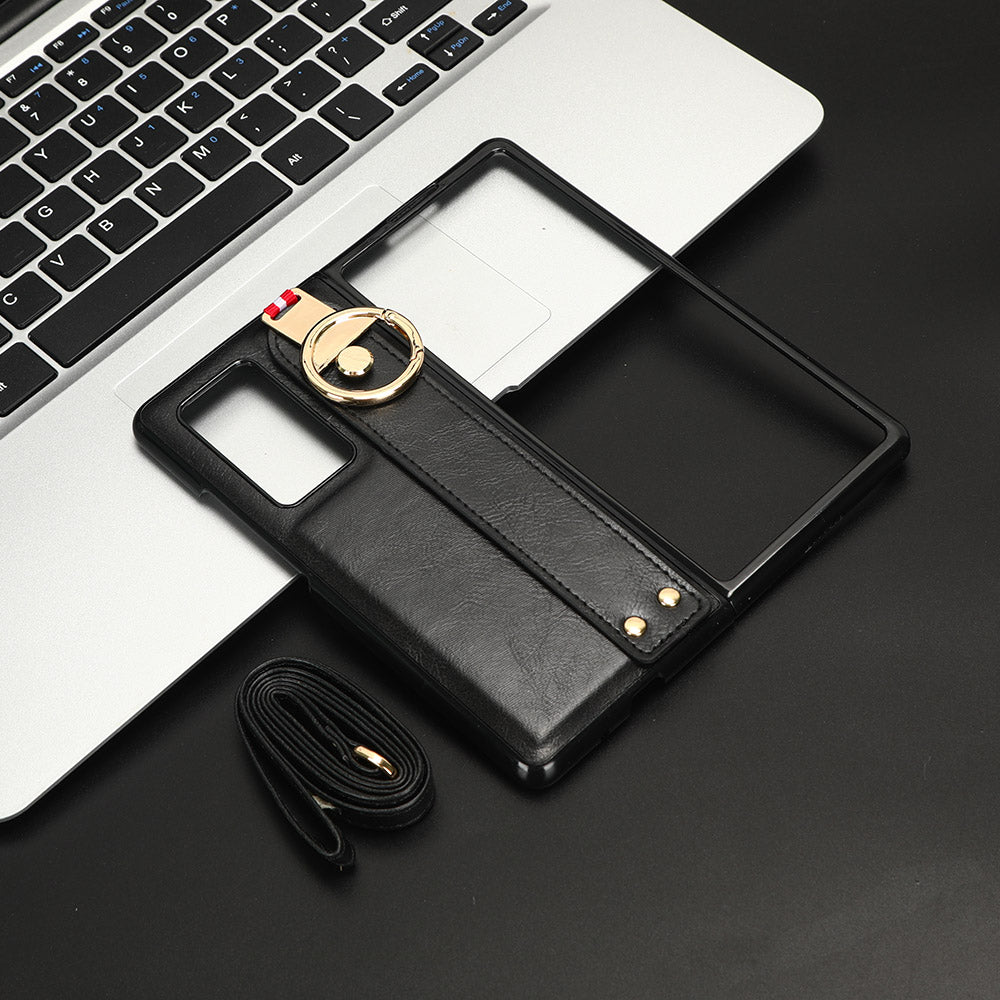 For Huawei Mate X2 4G / 5G Leather Coated PC+TPU Hybrid Phone Case Wristband Bottle Opener Cover with Neck Strap
