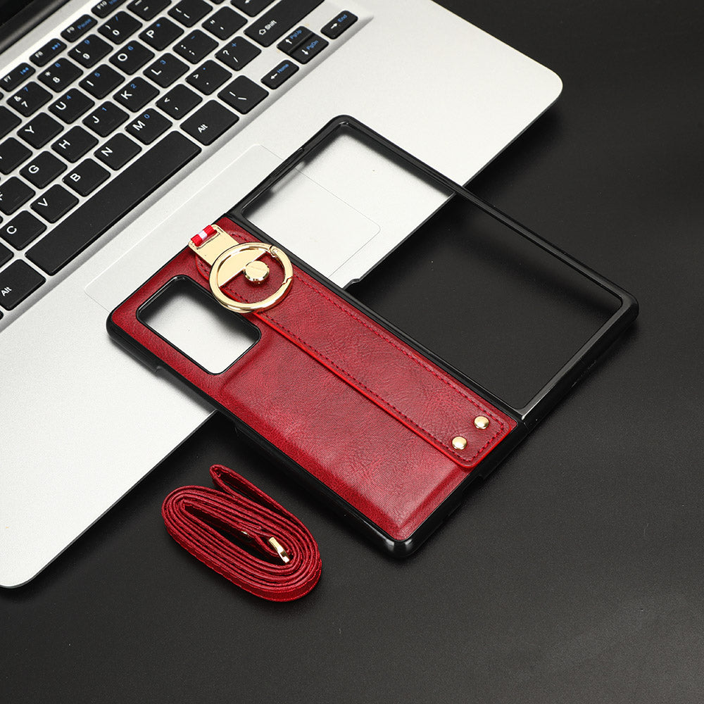 For Huawei Mate X2 4G / 5G Leather Coated PC+TPU Hybrid Phone Case Wristband Bottle Opener Cover with Neck Strap