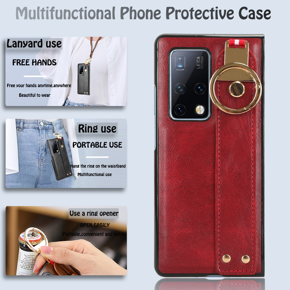For Huawei Mate X2 4G / 5G Leather Coated PC+TPU Hybrid Phone Case Wristband Bottle Opener Cover with Neck Strap