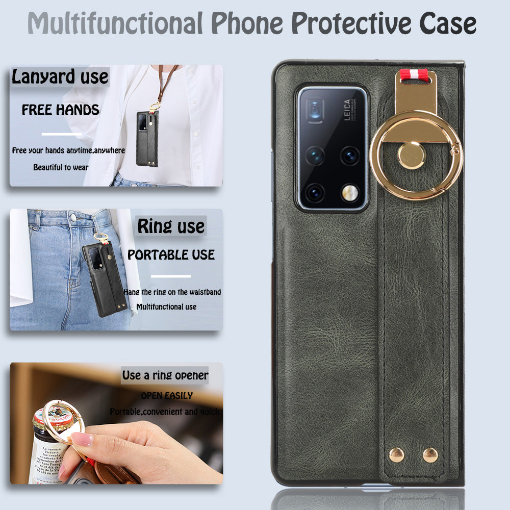 For Huawei Mate X2 4G / 5G Leather Coated PC+TPU Hybrid Phone Case Wristband Bottle Opener Cover with Neck Strap
