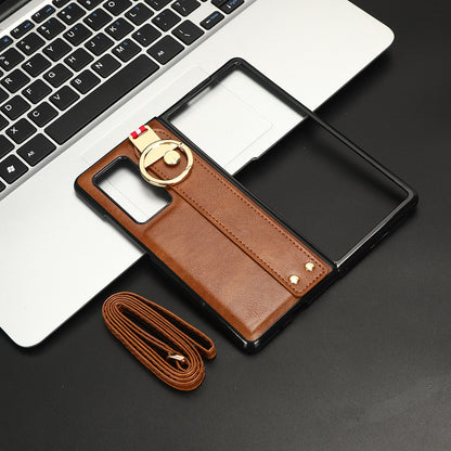 For Huawei Mate X2 4G / 5G Leather Coated PC+TPU Hybrid Phone Case Wristband Bottle Opener Cover with Neck Strap