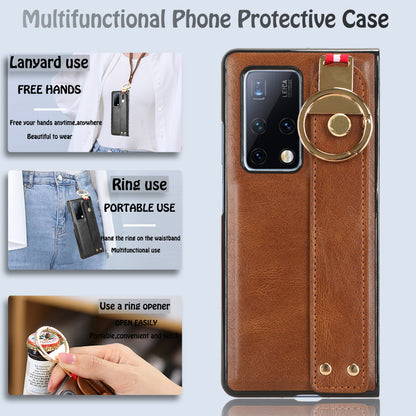 For Huawei Mate X2 4G / 5G Leather Coated PC+TPU Hybrid Phone Case Wristband Bottle Opener Cover with Neck Strap