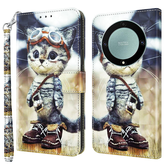For Honor Magic5 Lite 5G / X40 5G / X9a 5G 3D Pattern Printing PU Leather Wallet Cover Phone Shell with Strap