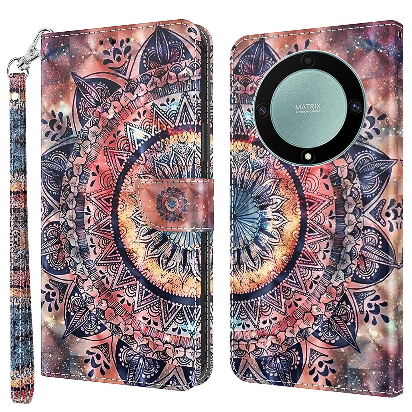 For Honor Magic5 Lite 5G / X40 5G / X9a 5G 3D Pattern Printing PU Leather Wallet Cover Phone Shell with Strap