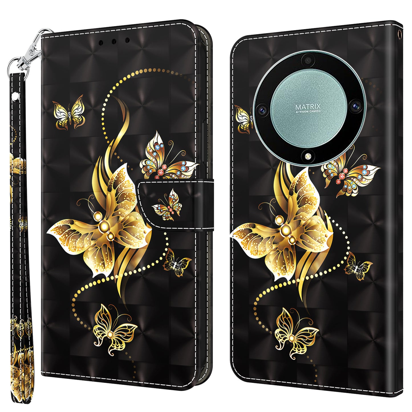 For Honor Magic5 Lite 5G / X40 5G / X9a 5G 3D Pattern Printing PU Leather Wallet Cover Phone Shell with Strap
