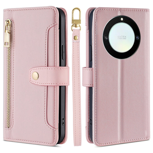 For Honor X40 5G / X9a 5G / Magic5 Lite 5G Leather Wallet Cover Zipper Pocket Phone Stand Case with 2 Straps