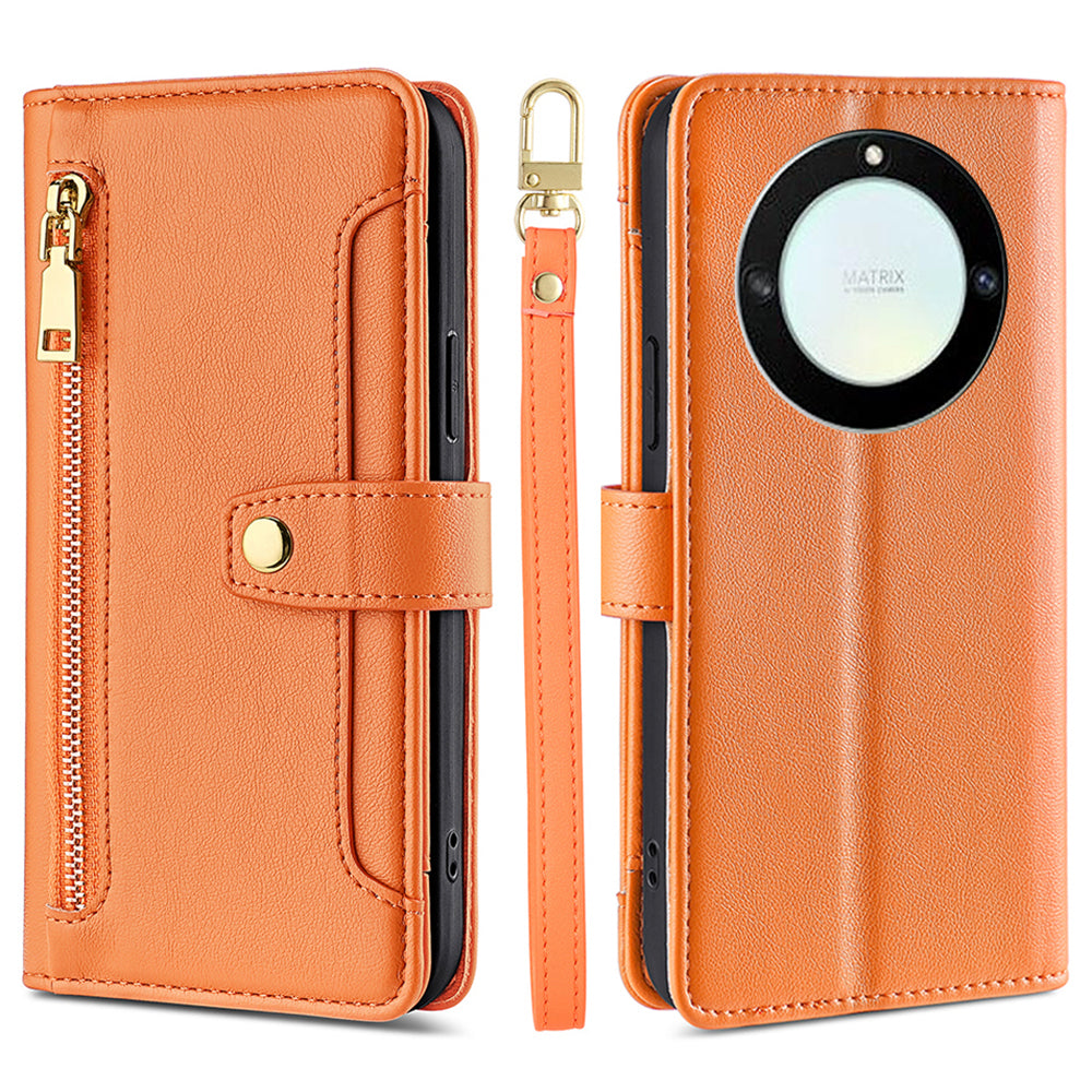 For Honor X40 5G / X9a 5G / Magic5 Lite 5G Leather Wallet Cover Zipper Pocket Phone Stand Case with 2 Straps