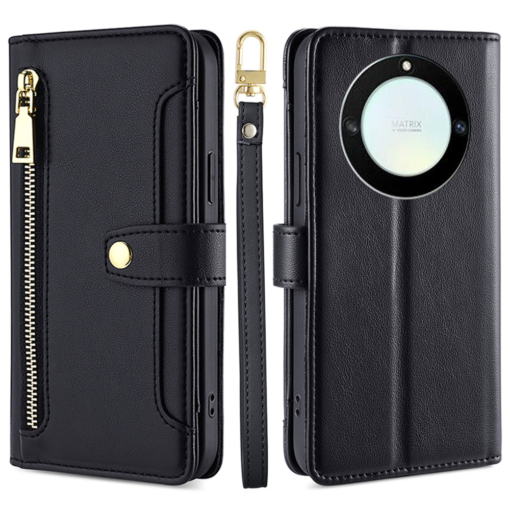 For Honor X40 5G / X9a 5G / Magic5 Lite 5G Leather Wallet Cover Zipper Pocket Phone Stand Case with 2 Straps