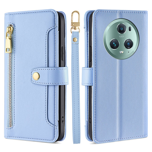 For Honor Magic5 Pro Phone Stand Leather Case Drop-proof Zipper Pocket Wallet Cover with 2 Straps