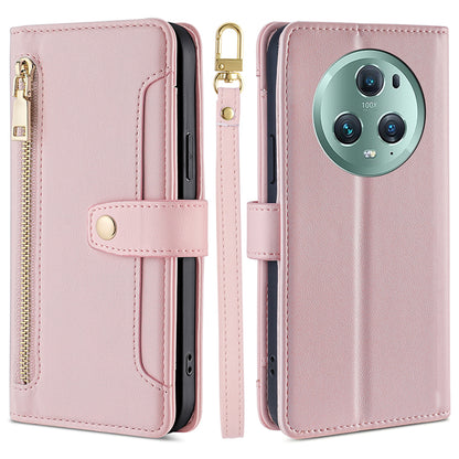 For Honor Magic5 Pro Phone Stand Leather Case Drop-proof Zipper Pocket Wallet Cover with 2 Straps