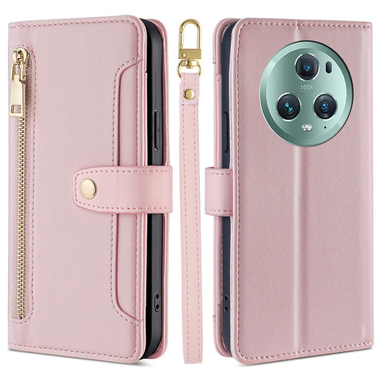 For Honor Magic5 Pro Phone Stand Leather Case Drop-proof Zipper Pocket Wallet Cover with 2 Straps