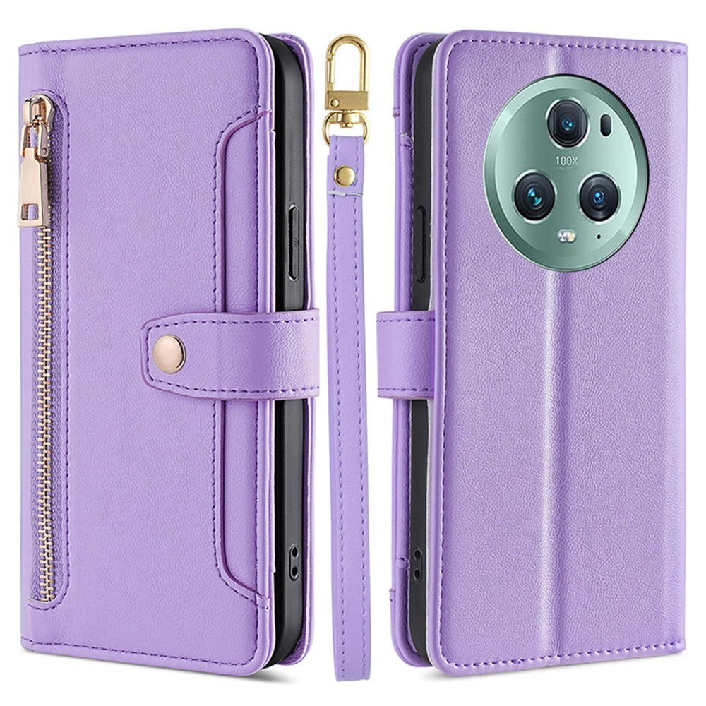 For Honor Magic5 Pro Phone Stand Leather Case Drop-proof Zipper Pocket Wallet Cover with 2 Straps