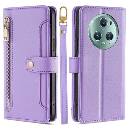 For Honor Magic5 Pro Phone Stand Leather Case Drop-proof Zipper Pocket Wallet Cover with 2 Straps