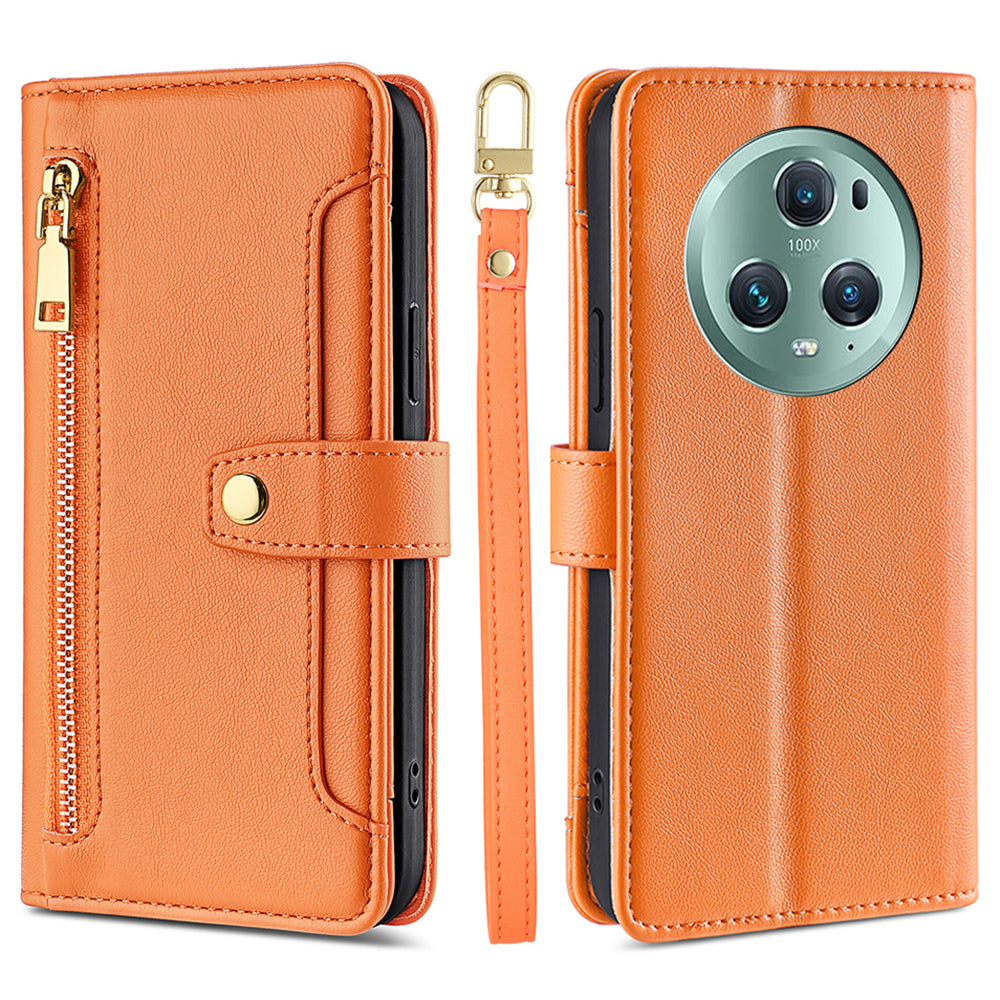 For Honor Magic5 Pro Phone Stand Leather Case Drop-proof Zipper Pocket Wallet Cover with 2 Straps