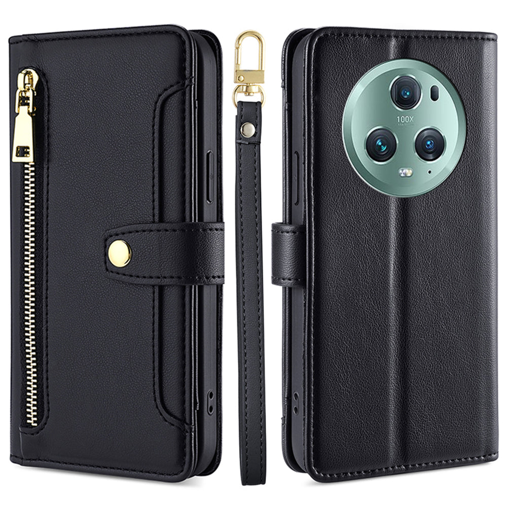 For Honor Magic5 Pro Phone Stand Leather Case Drop-proof Zipper Pocket Wallet Cover with 2 Straps