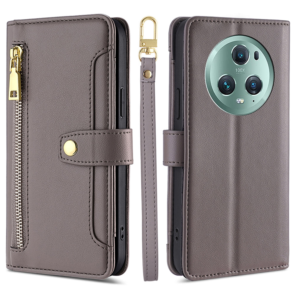For Honor Magic5 Pro Phone Stand Leather Case Drop-proof Zipper Pocket Wallet Cover with 2 Straps