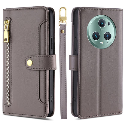 For Honor Magic5 Pro Phone Stand Leather Case Drop-proof Zipper Pocket Wallet Cover with 2 Straps