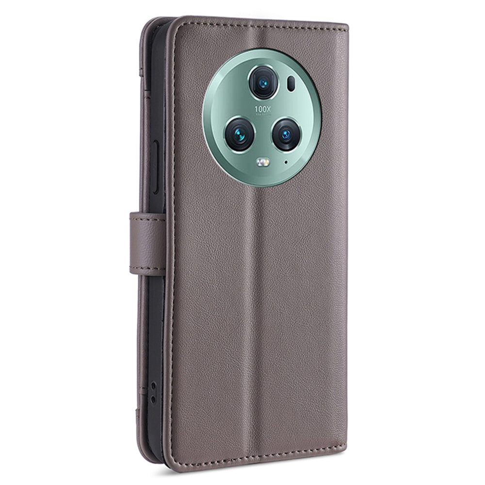 For Honor Magic5 Pro Phone Stand Leather Case Drop-proof Zipper Pocket Wallet Cover with 2 Straps