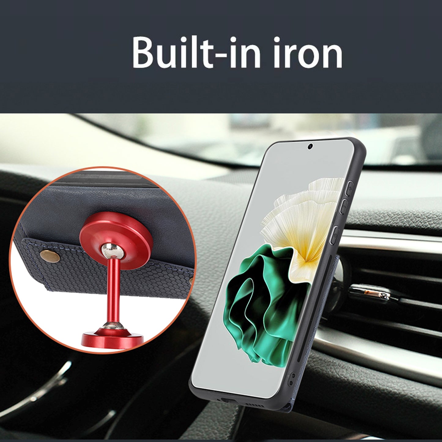 For Huawei P60 / P60 Pro Kickstand Case Card Holder PU Leather Coated TPU Phone Case with Car Mount Metal Sheet