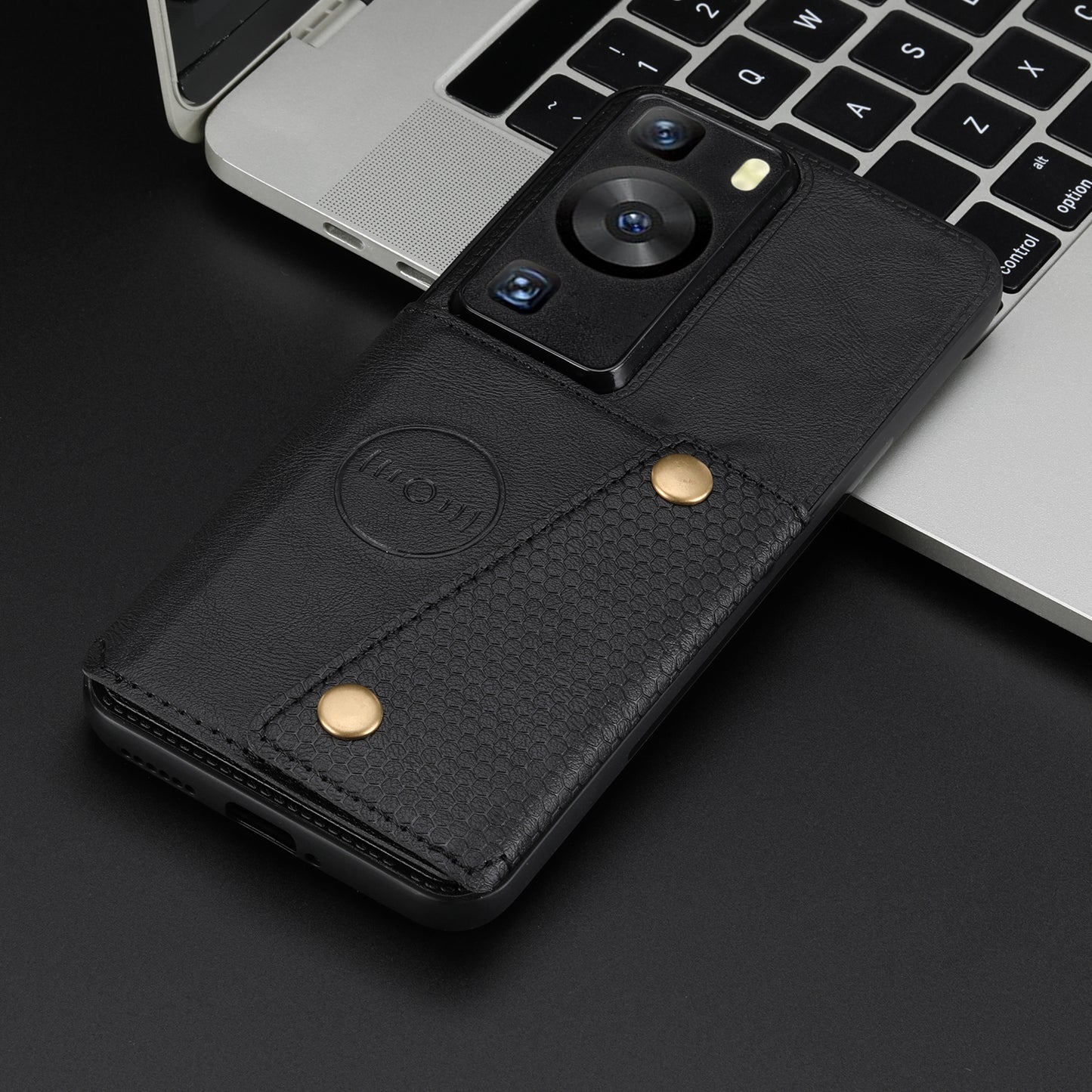 For Huawei P60 / P60 Pro Kickstand Case Card Holder PU Leather Coated TPU Phone Case with Car Mount Metal Sheet