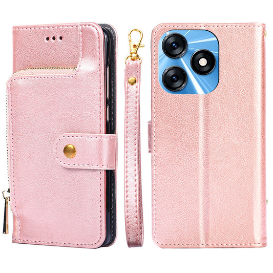 Wallet Case for Tecno Spark 10 4G Stand Shell Zipper Pocket PU Leather Phone Cover with Strap