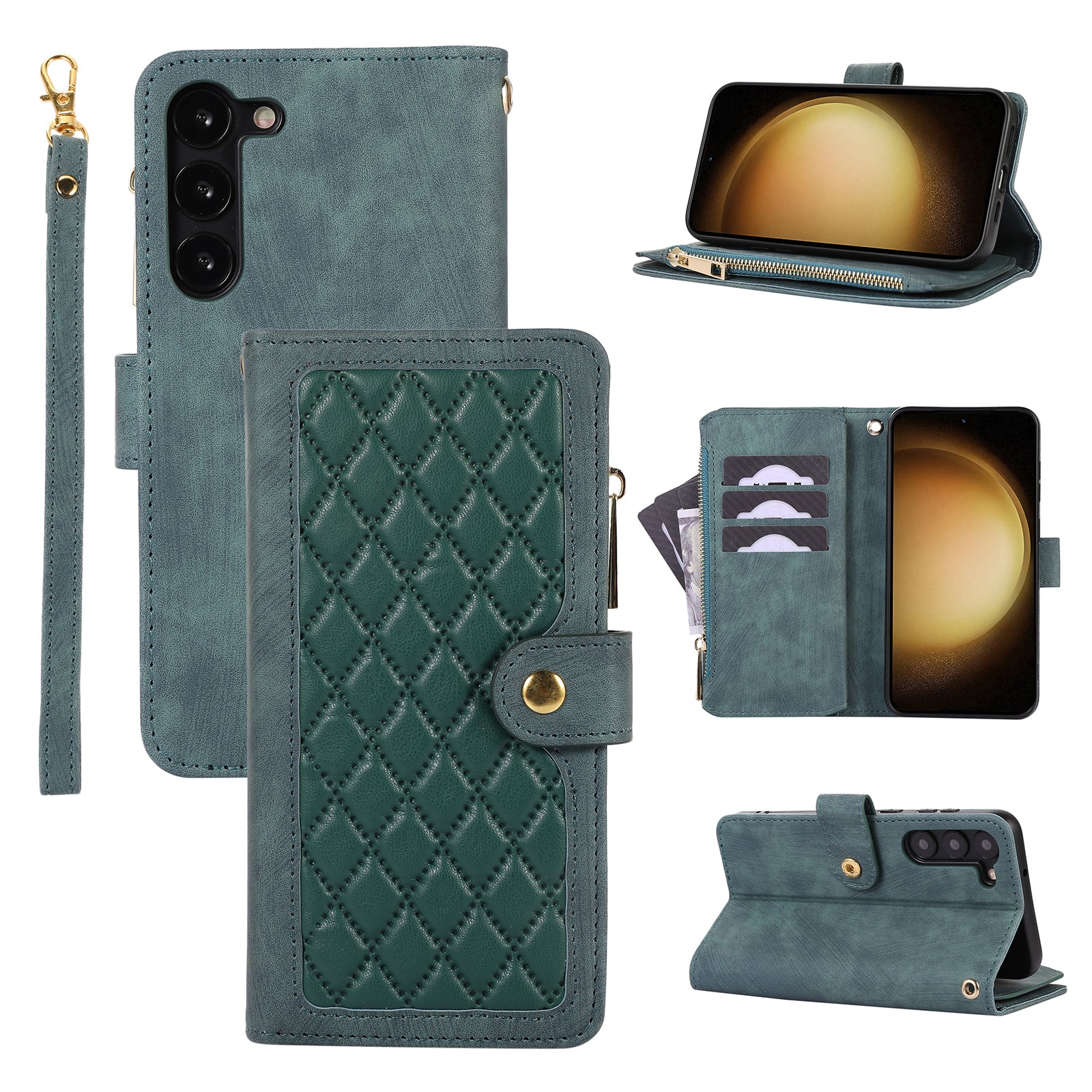 For Samsung Galaxy S23 Phone Case Multiple Card Slots Rhombus PU Leather Flip Cover with Zippered Pocket