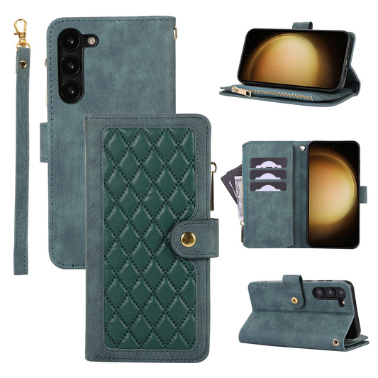 For Samsung Galaxy S23 Phone Case Multiple Card Slots Rhombus PU Leather Flip Cover with Zippered Pocket
