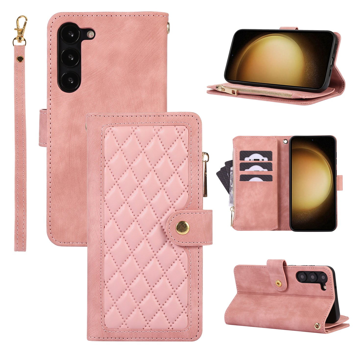 For Samsung Galaxy S23 Phone Case Multiple Card Slots Rhombus PU Leather Flip Cover with Zippered Pocket