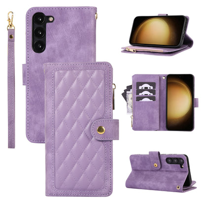 For Samsung Galaxy S23 Phone Case Multiple Card Slots Rhombus PU Leather Flip Cover with Zippered Pocket