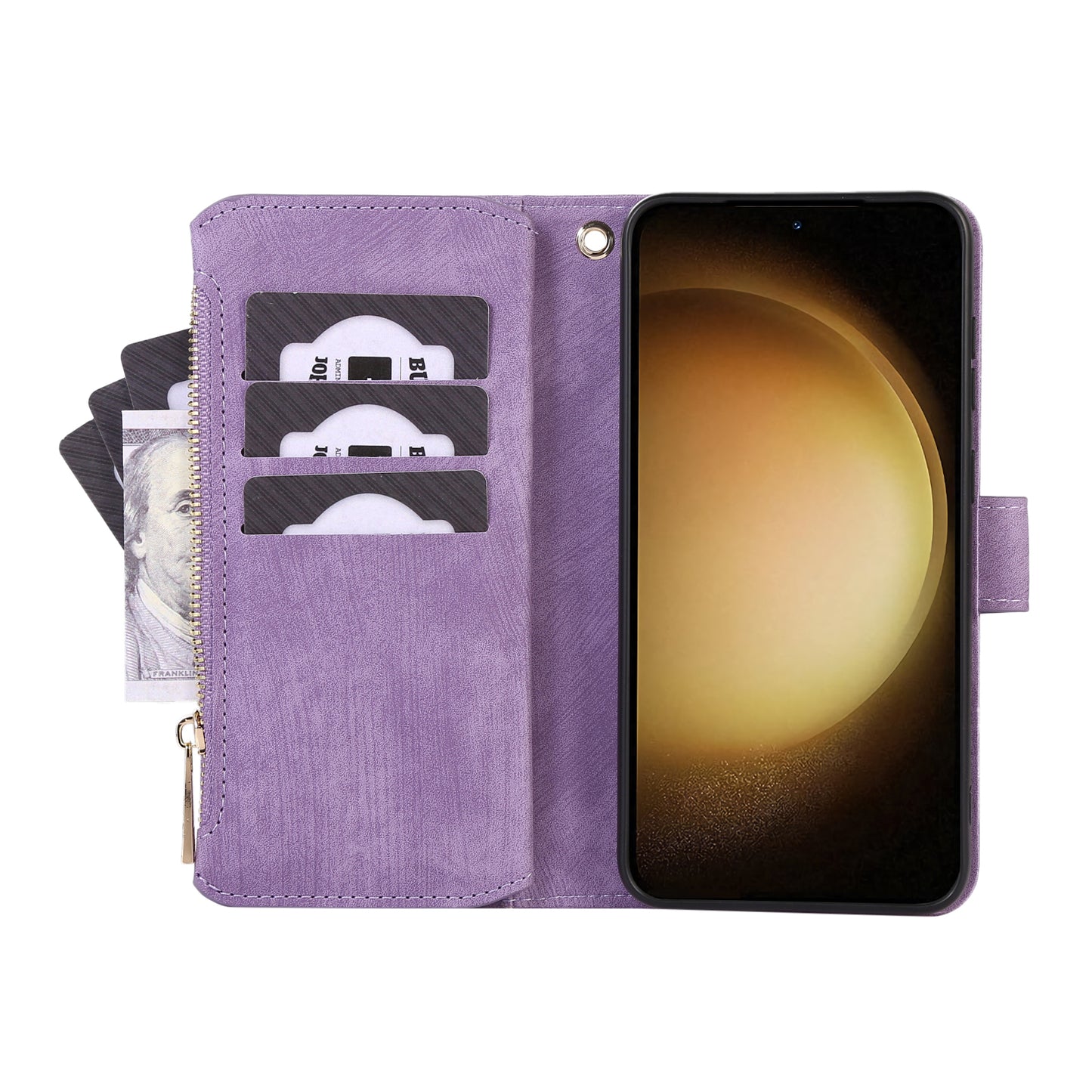 For Samsung Galaxy S23 Phone Case Multiple Card Slots Rhombus PU Leather Flip Cover with Zippered Pocket