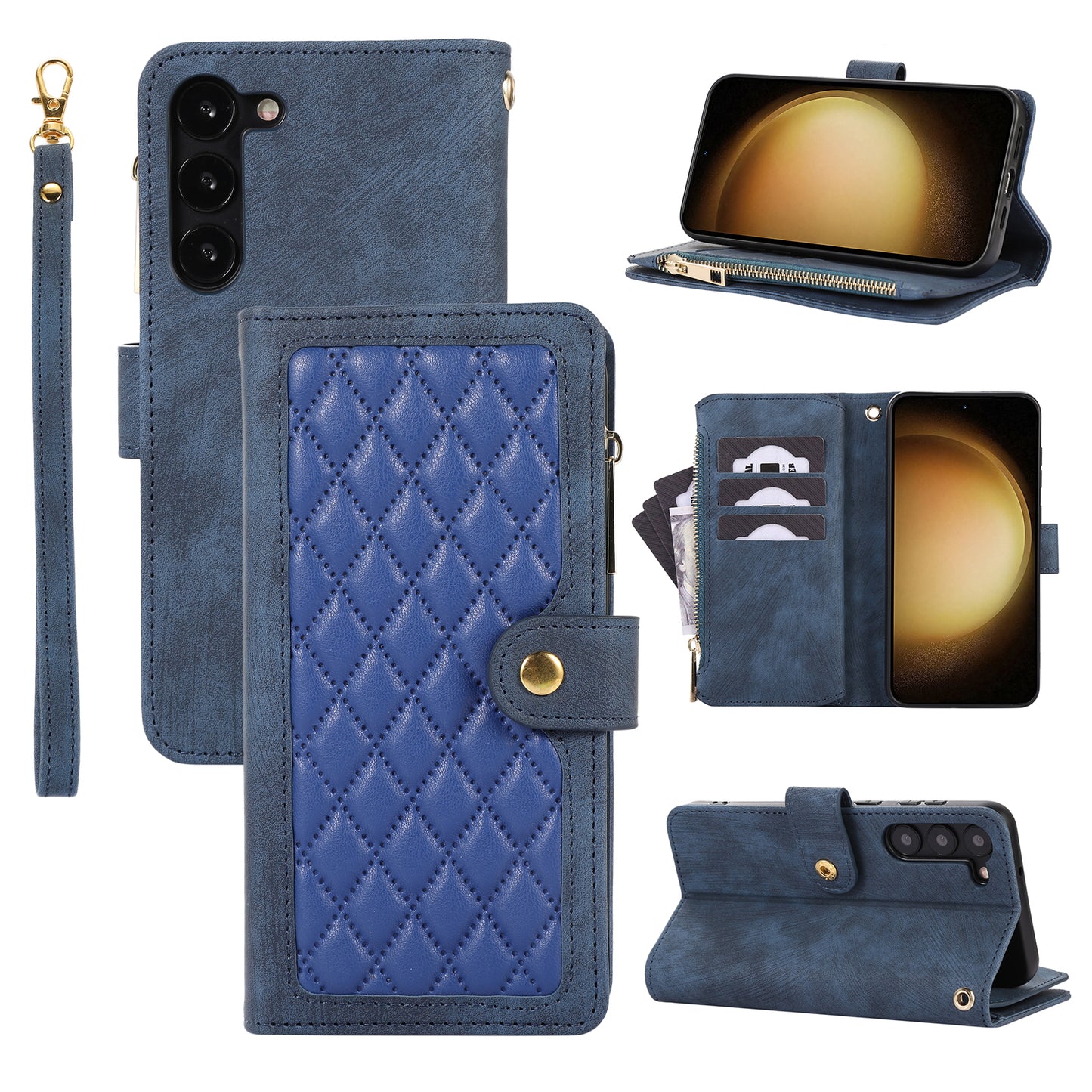 For Samsung Galaxy S23 Phone Case Multiple Card Slots Rhombus PU Leather Flip Cover with Zippered Pocket