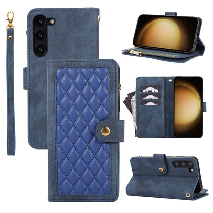 For Samsung Galaxy S23 Phone Case Multiple Card Slots Rhombus PU Leather Flip Cover with Zippered Pocket