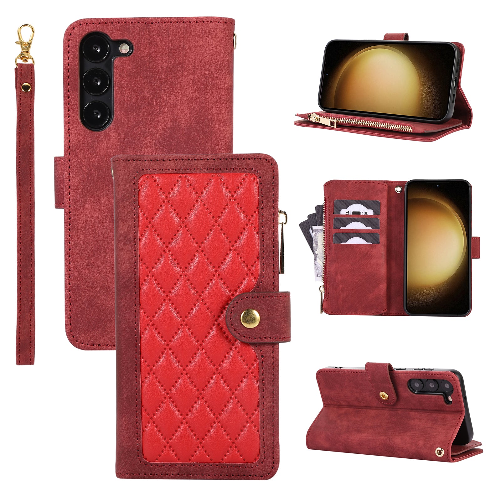 For Samsung Galaxy S23 Phone Case Multiple Card Slots Rhombus PU Leather Flip Cover with Zippered Pocket