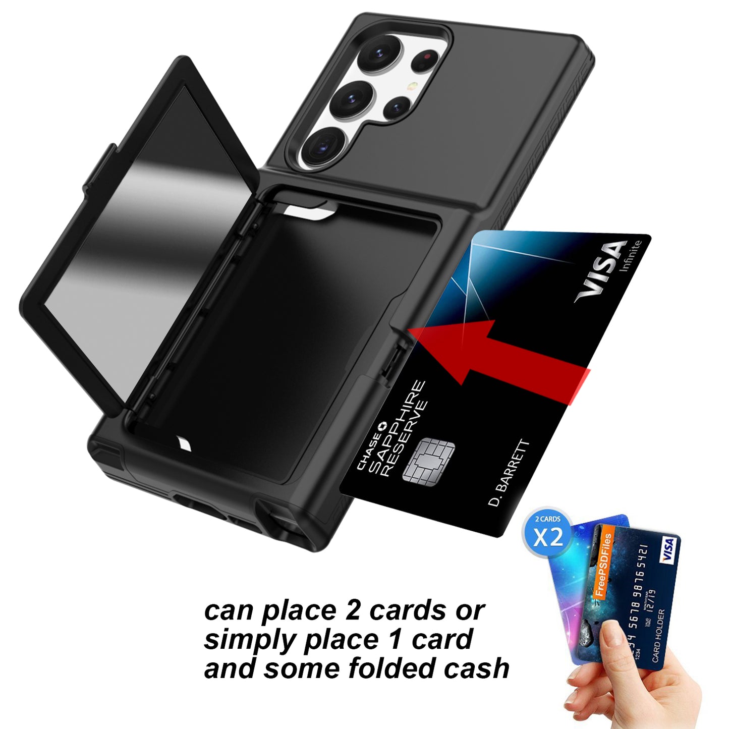 For Samsung Galaxy S23 Ultra Cardcase Series PC + TPU Phone Case Mirror Design Card Slots Kickstand Thickened Cover