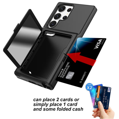 For Samsung Galaxy S23 Ultra Cardcase Series PC + TPU Phone Case Mirror Design Card Slots Kickstand Thickened Cover