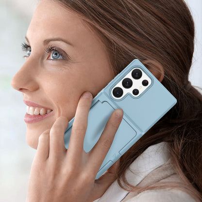 For Samsung Galaxy S23 Ultra Cardcase Series PC + TPU Phone Case Mirror Design Card Slots Kickstand Thickened Cover