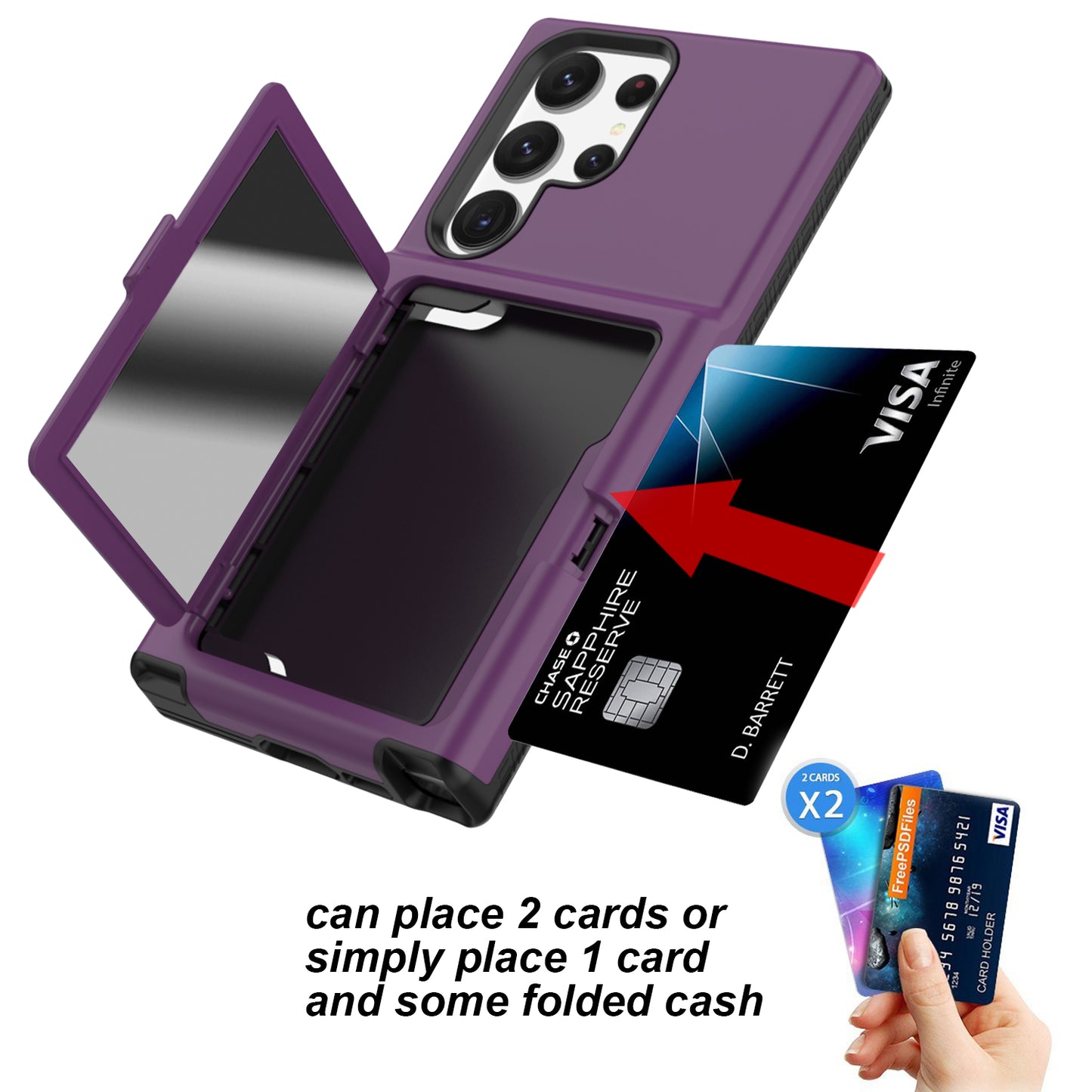 For Samsung Galaxy S23 Ultra Cardcase Series PC + TPU Phone Case Mirror Design Card Slots Kickstand Thickened Cover