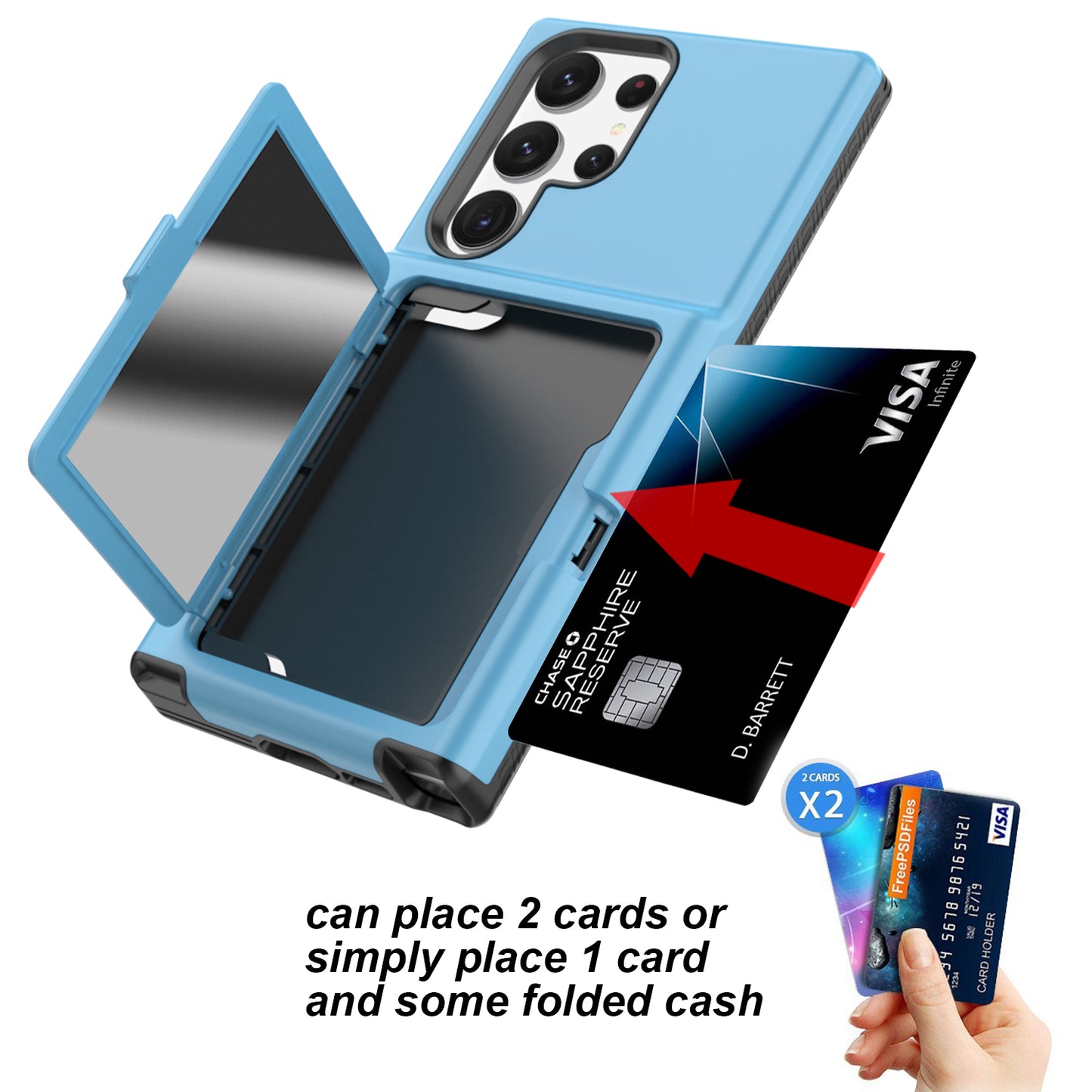 For Samsung Galaxy S23 Ultra Cardcase Series PC + TPU Phone Case Mirror Design Card Slots Kickstand Thickened Cover