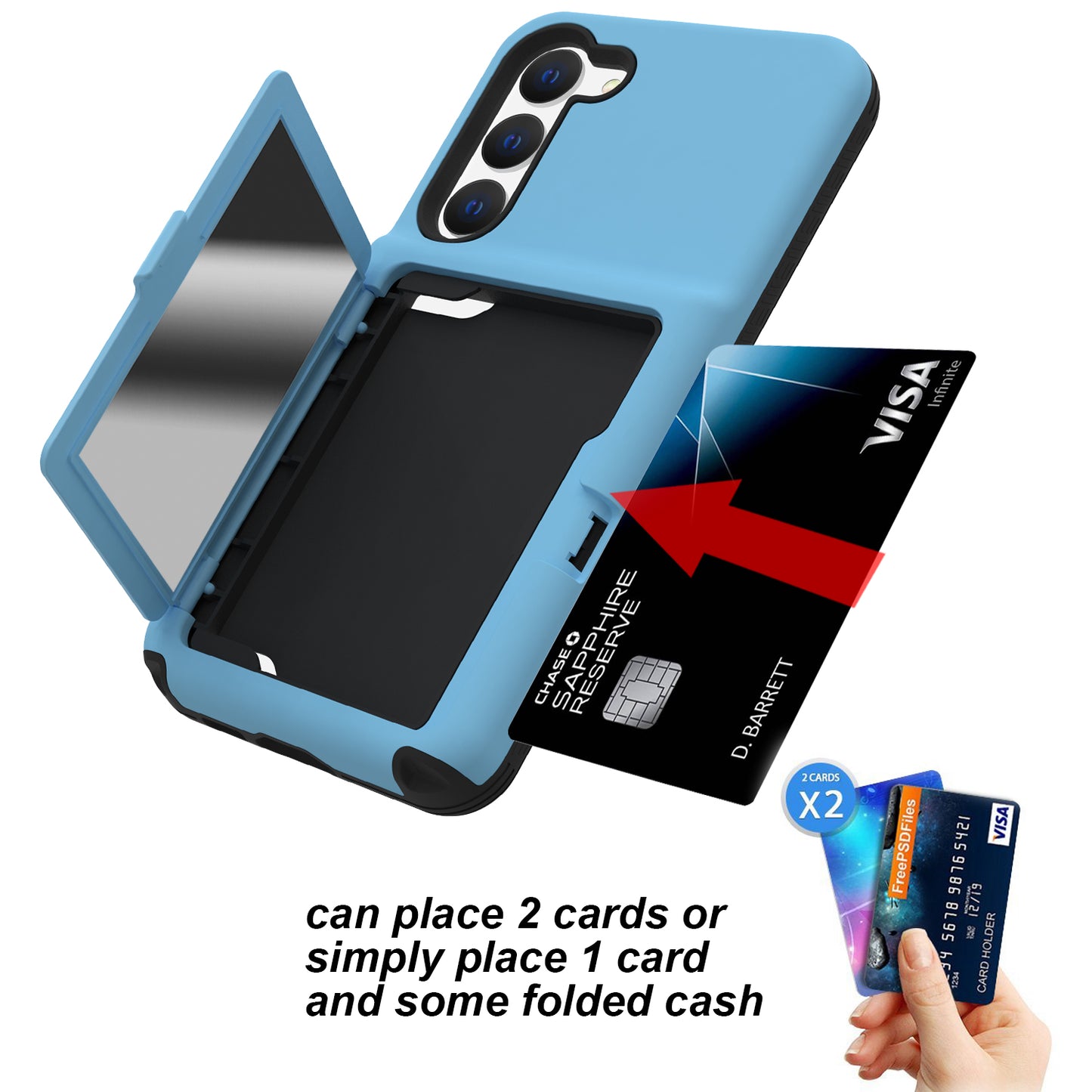 For Samsung Galaxy S23 Cardcase Series Card Holder Thick Phone Case Kickstand Mirror Function PC + TPU Cover