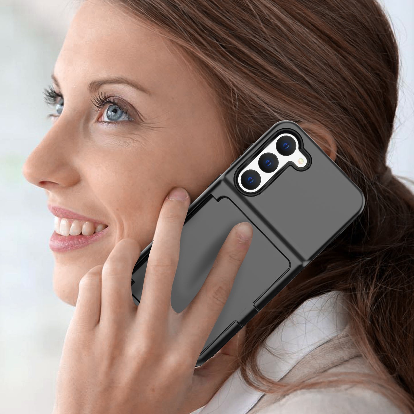 For Samsung Galaxy S23 Cardcase Series Card Holder Thick Phone Case Kickstand Mirror Function PC + TPU Cover