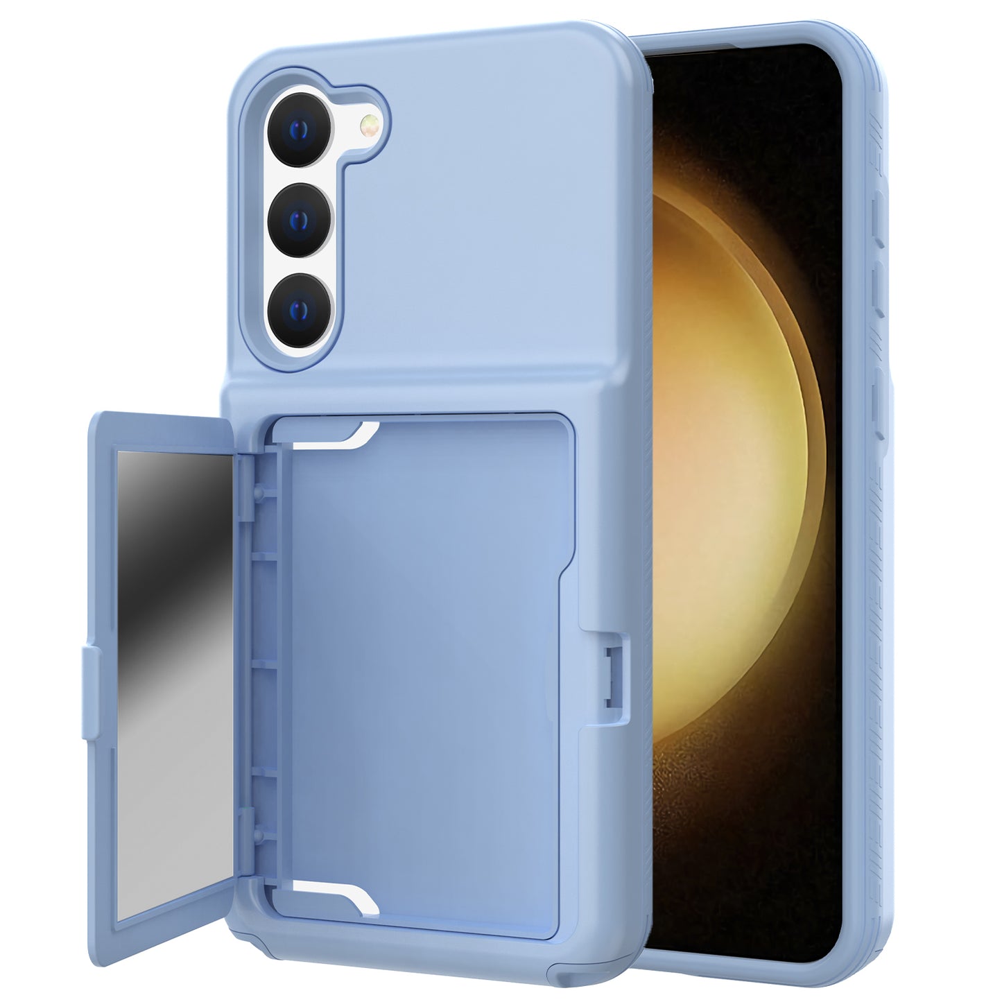 For Samsung Galaxy S23 Cardcase Series Card Holder Thick Phone Case Kickstand Mirror Function PC + TPU Cover