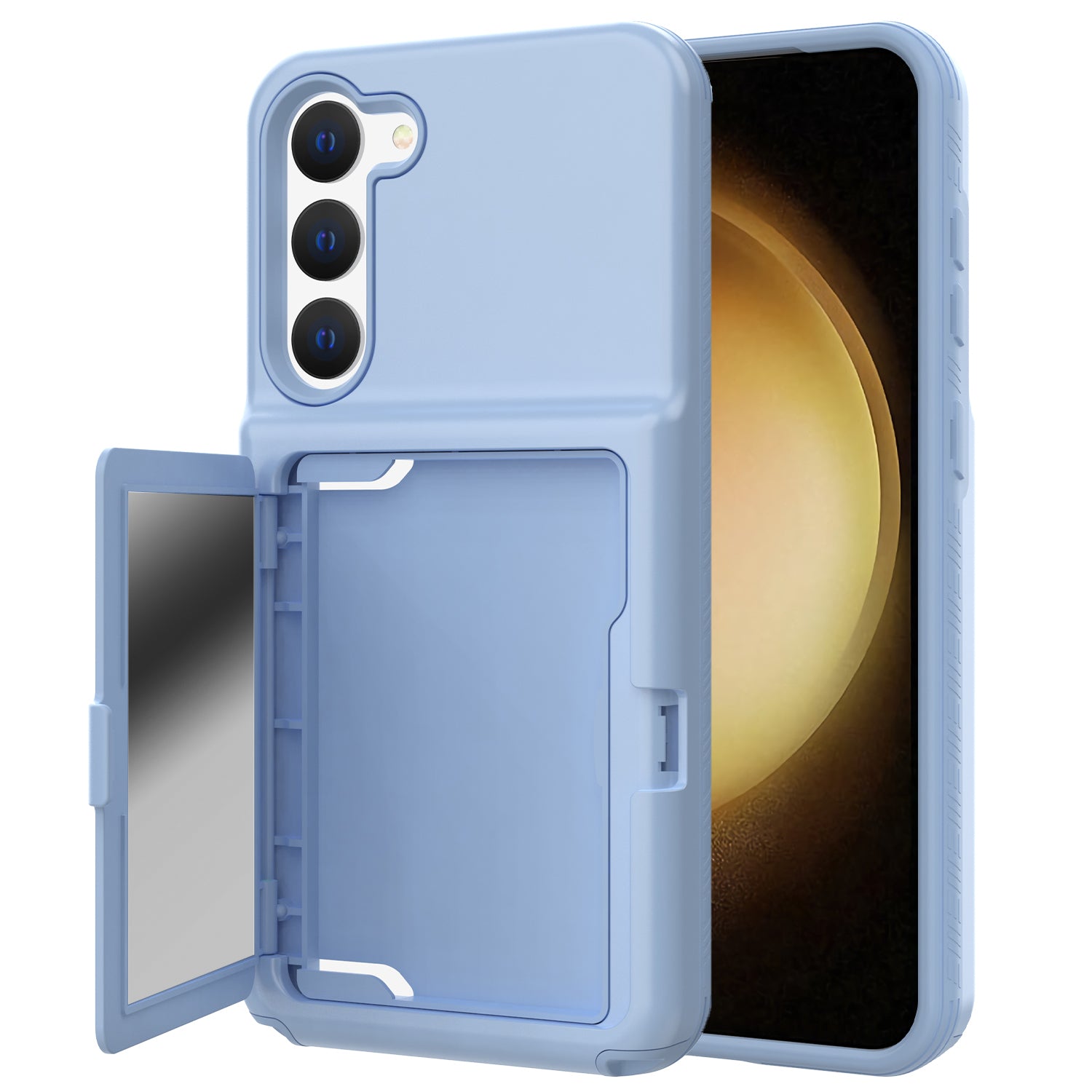 For Samsung Galaxy S23 Cardcase Series Card Holder Thick Phone Case Kickstand Mirror Function PC + TPU Cover