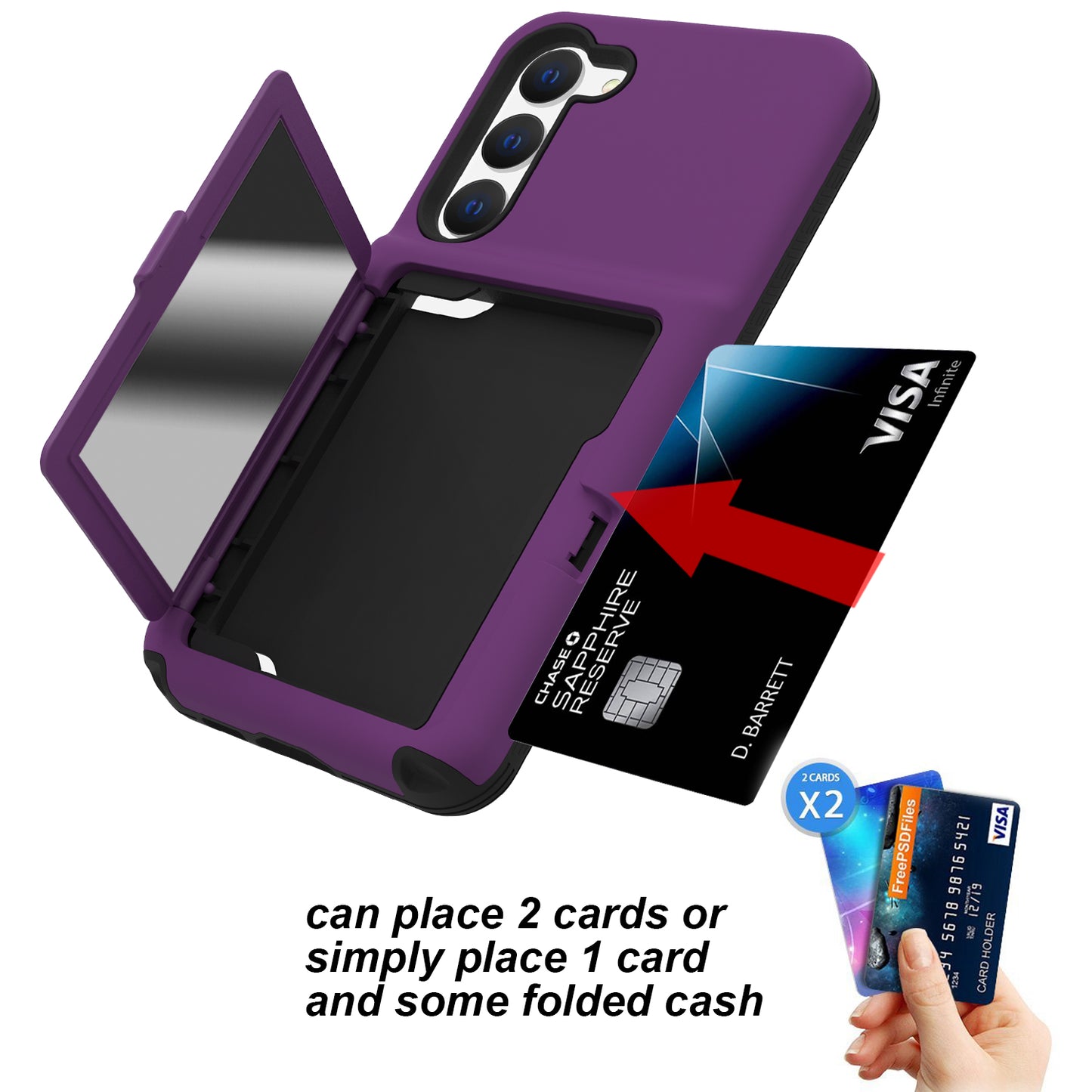 For Samsung Galaxy S23 Cardcase Series Card Holder Thick Phone Case Kickstand Mirror Function PC + TPU Cover